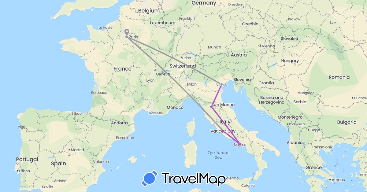TravelMap itinerary: plane, train in France, Italy (Europe)